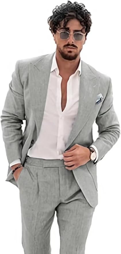 Summer Casual Linen Men's  2 Piece Suit Blazer Pants Set Yuanlu