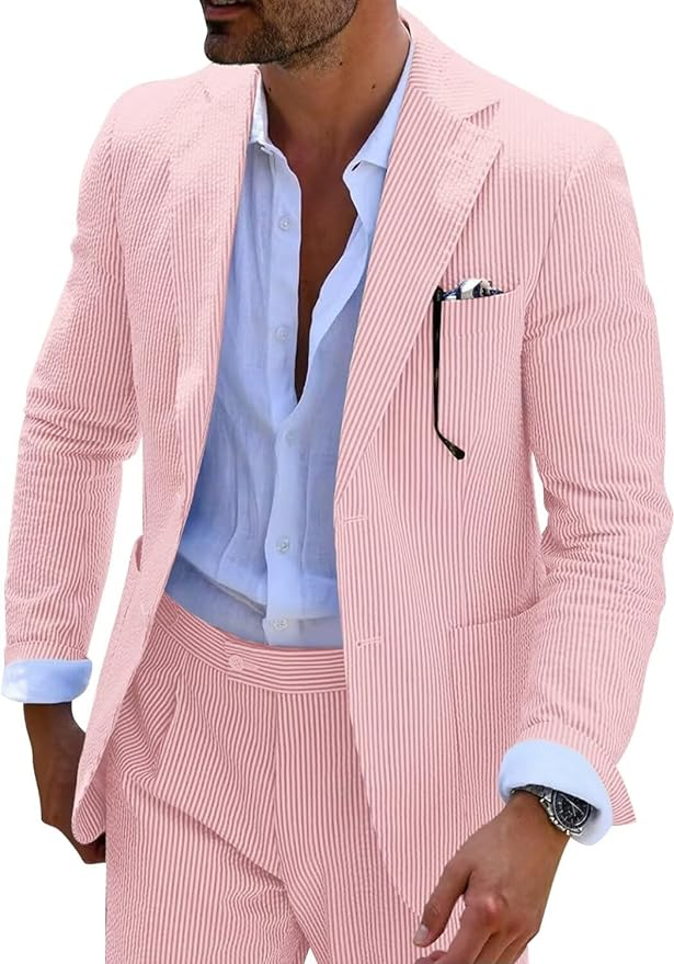 Seersucker Striped Blazer Pants 2 Piece Men's Summer Suit Yuanlu