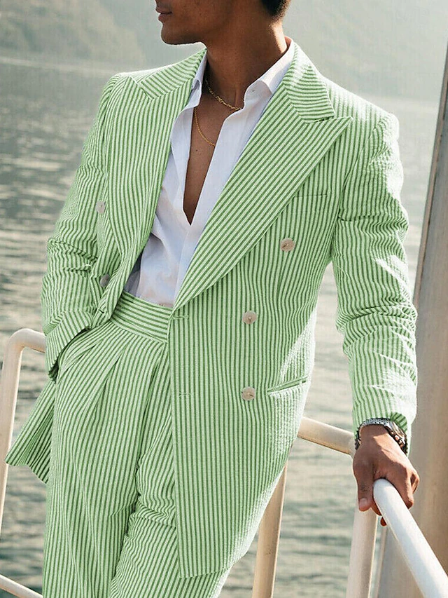 Seersucker Striped Long Blazer Pants 2 Piece Men's Summer Suit Yuanlu