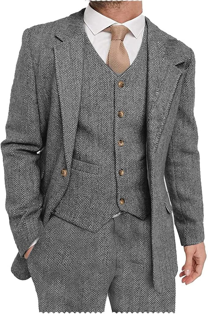 Mens Suit 3 Pieces Formal Tweed Herringbone Dress Suit Notch Lapel Dress Yuanlu