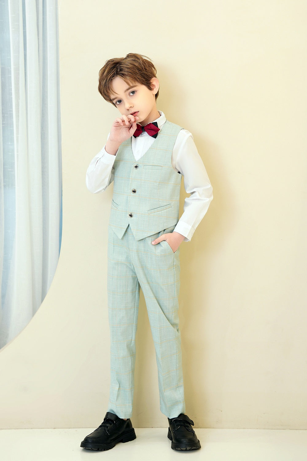 Mint Green Plaid Elegant Formal 5 Piece Boys Suits Yuanlu