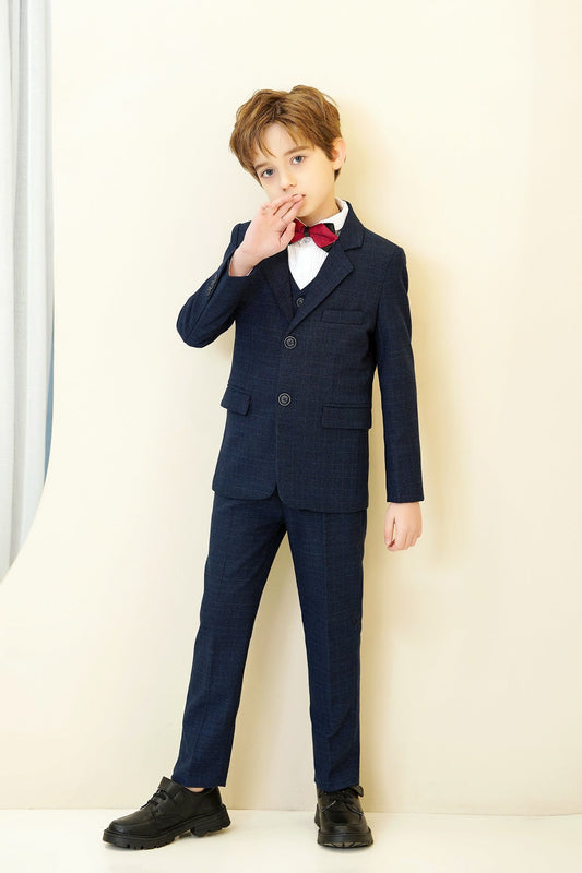 Navy Plaid Elegant Formal 5 Piece Boys Suits Yuanlu