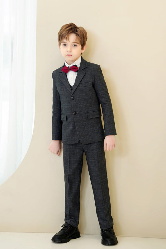 Black Plaid Elegant 5 Piece Boys Suits Yuanlu