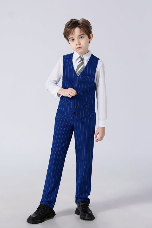 Royal Blue Striped Slim Fit Modern 4 Piece Boy's Formal Suits With Vest+Pants+Shirt+Tie Yuanlu