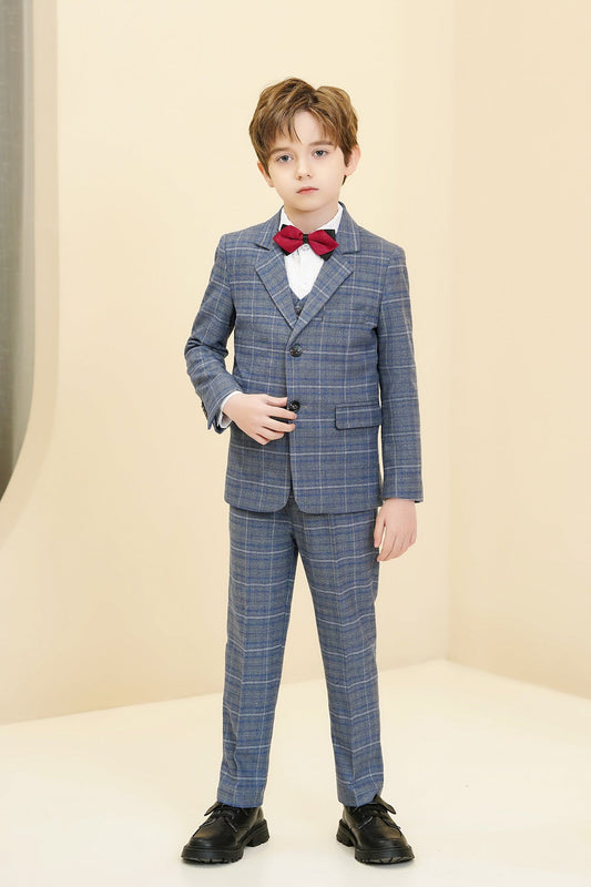 Blue and White Plaid Elegant 5 Piece Boys Suits Yuanlu