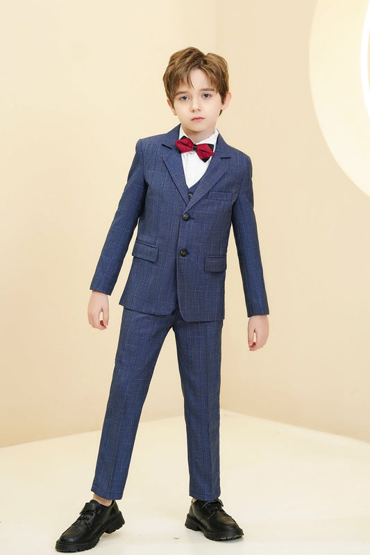 Blue Plaid Elegant Formal 5 Piece Boys Suits Yuanlu