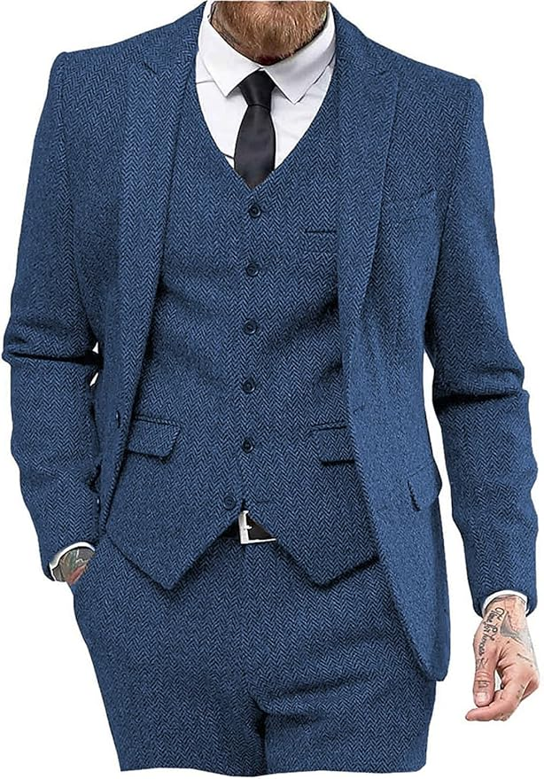 Mens Tweed Herringbone Wedding Suit Prom Tuxedos 3 Piece Peak Lapel Dress Yuanlu