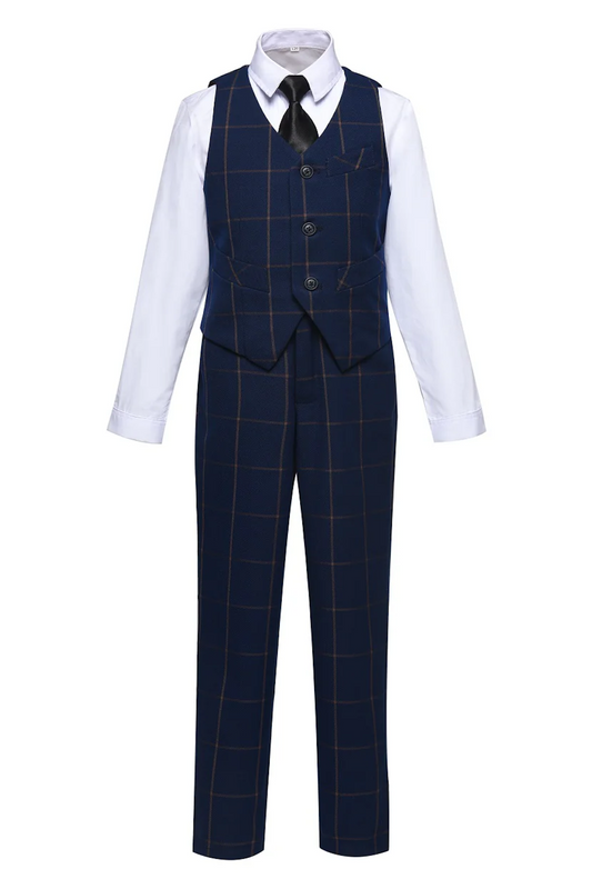 Navy Plaid 2 Piece Kids Boys' Vest and Pants Dress Suits Set Yuanlu