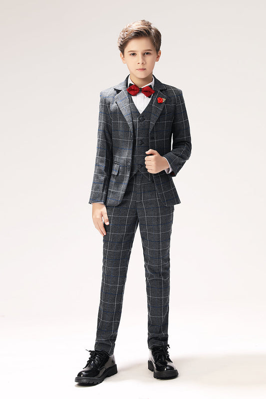 Dark Grey Plaid Elegant 5 Piece Boys Suits Yuanlu