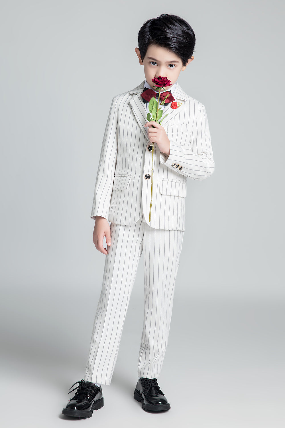 White Striped Modern 5 Piece Boy's Formal Suits Yuanlu