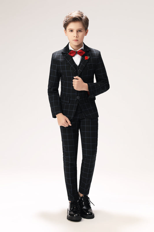 Navy Plaid Elegant 5 Piece Boys Suits Yuanlu