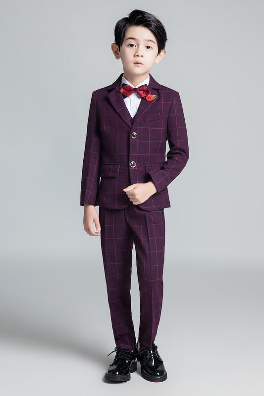 Purple Red Plaid Fashion 5 Piece Boys Suits Yuanlu