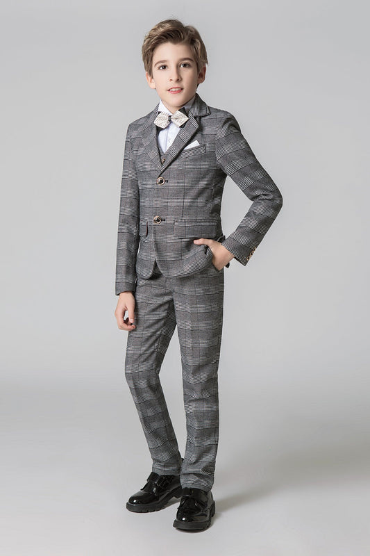 Grey Plaid Elegant Formal 5 Piece Boys Suits Yuanlu