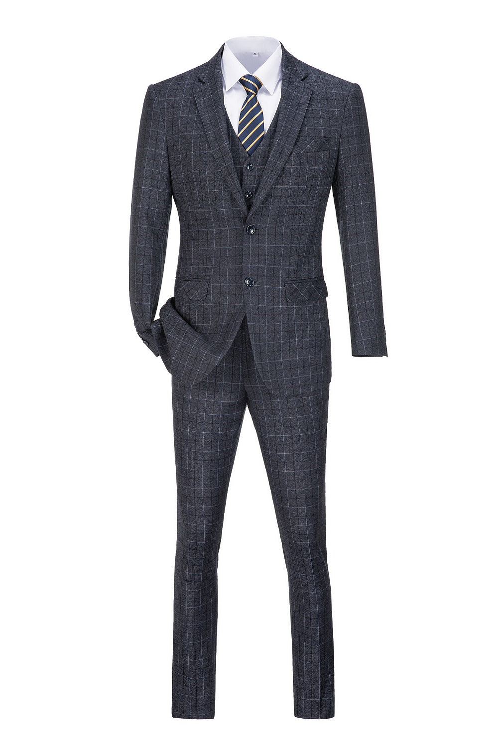 Dark Grey Plaid Men's 3 Piece Set for Party, Wedding and Business Yuanlu