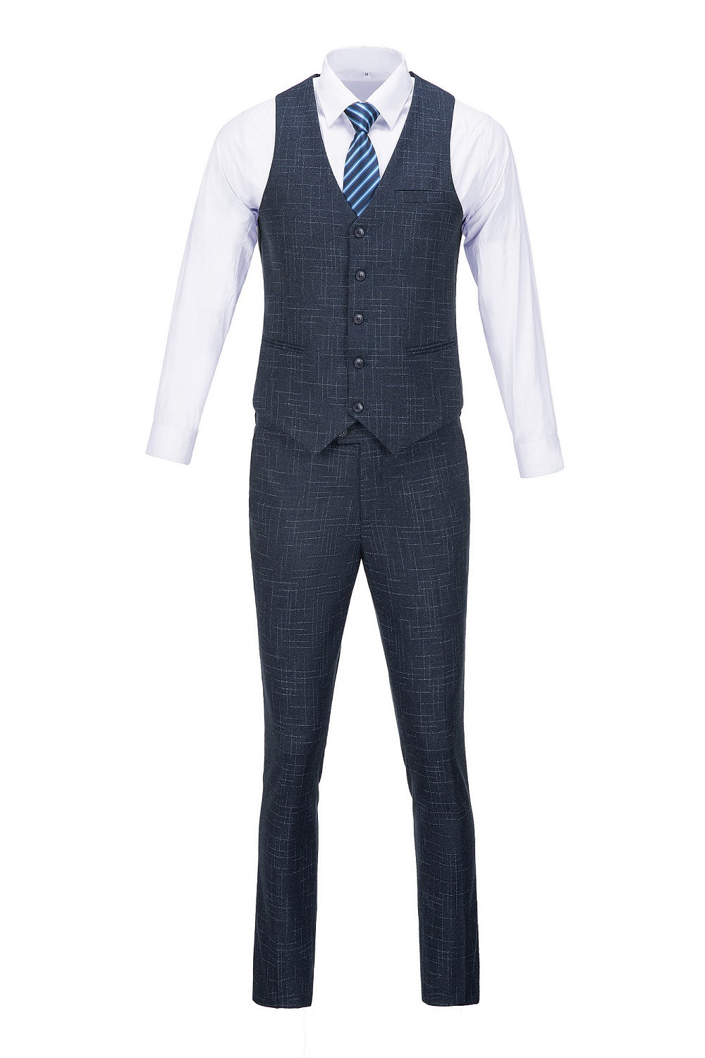 Navy Plaid Men's 3 Piece Slim Fit Suit Set Double Breasted Blazer Vest Pants for Party, Wedding and Business Yuanlu