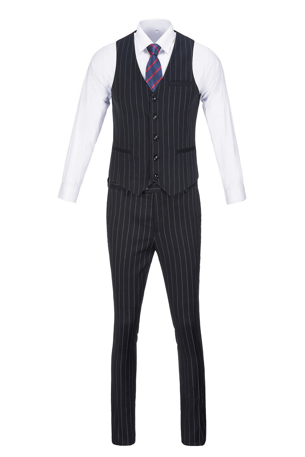 Navy Stripe Men's 3 Piece Set Double Breasted Blazer Vest Pants for Party, Wedding and Business Yuanlu