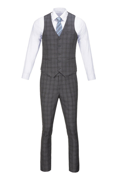 Grey Plaid Men's 3 Piece Set for Party, Wedding and Business Yuanlu