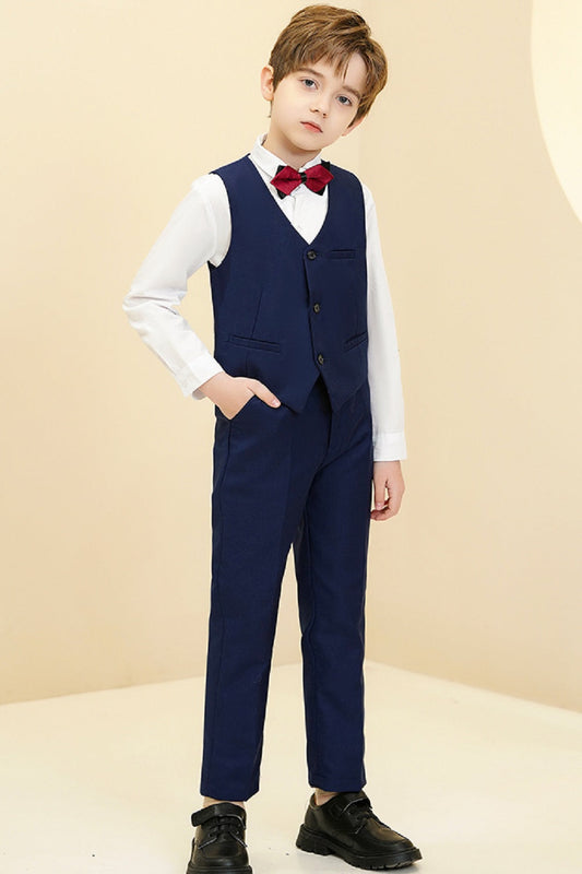 Navy Fit Slim 4 Piece Boy's Formal Suits With Vest+Pants+Shirt+Tie Yuanlu