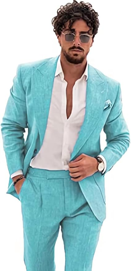 Summer Casual Linen Men's  2 Piece Suit Blazer Pants Set Yuanlu