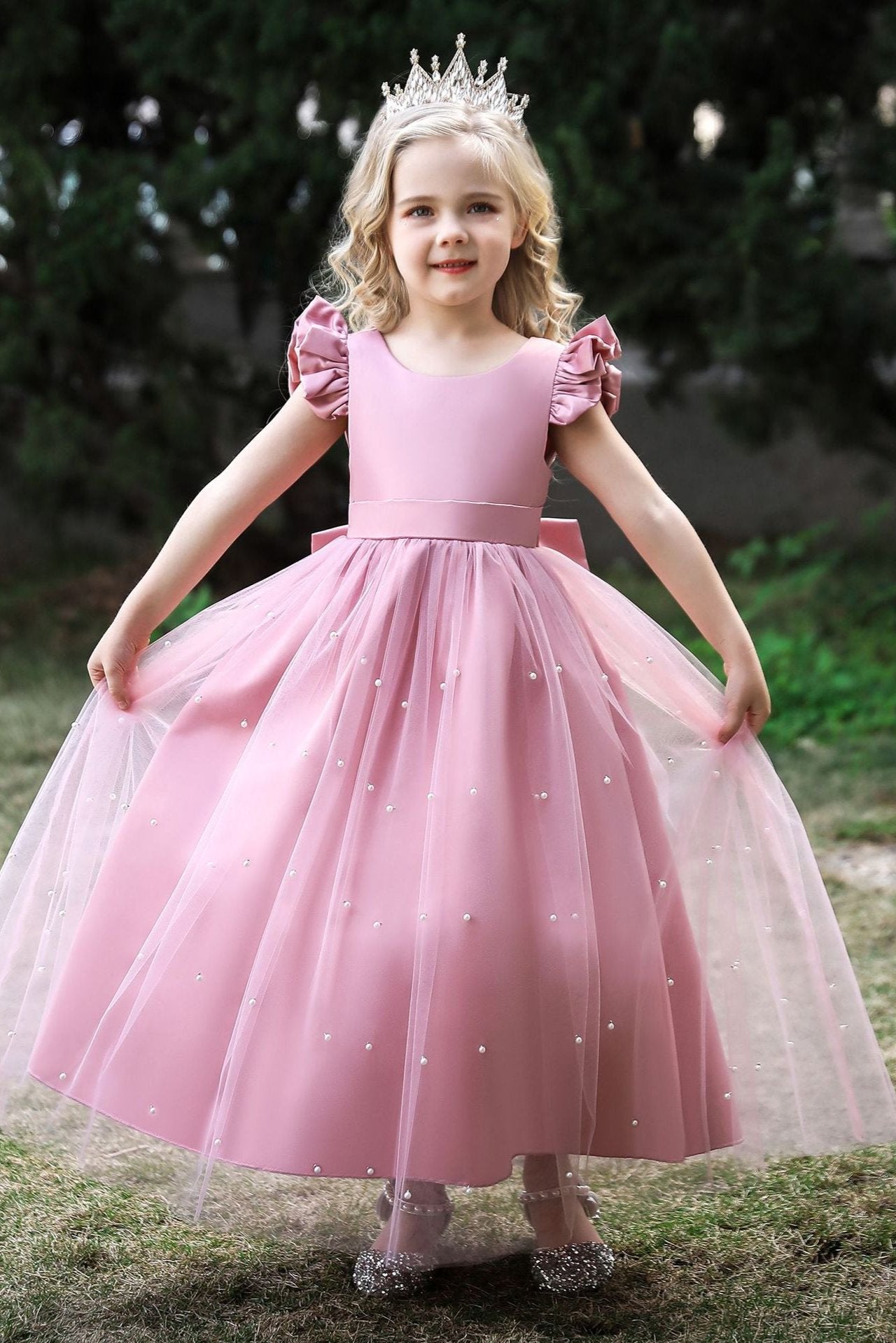 Satin Girl Dress with Pearl Tulle Cape Flower Girl Dresses for Wedding Tulle Pageant Princess Gown FLC00426 (MORE COLORS) Lycody